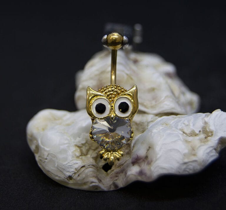 Navel acero búho dorado joya cristal