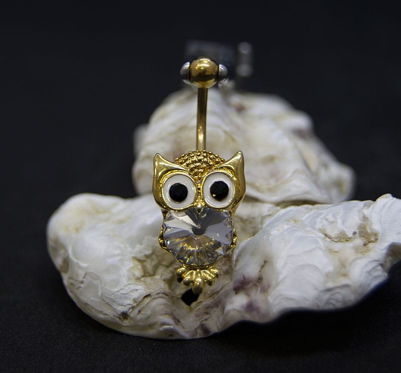 Navel acero búho dorado joya cristal