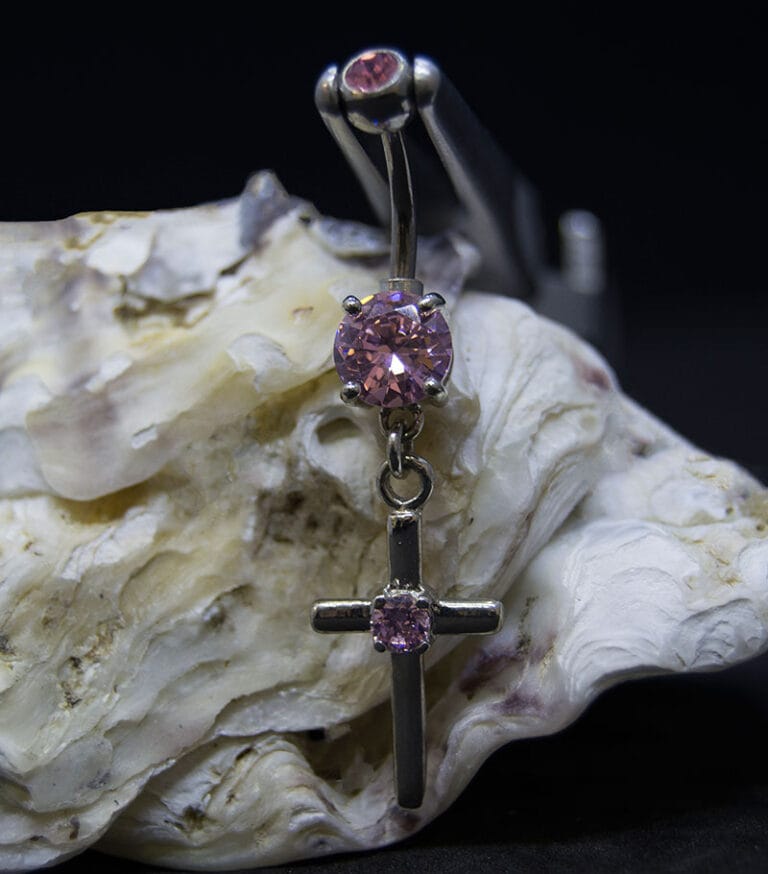 Navel acero cruz joya rosa