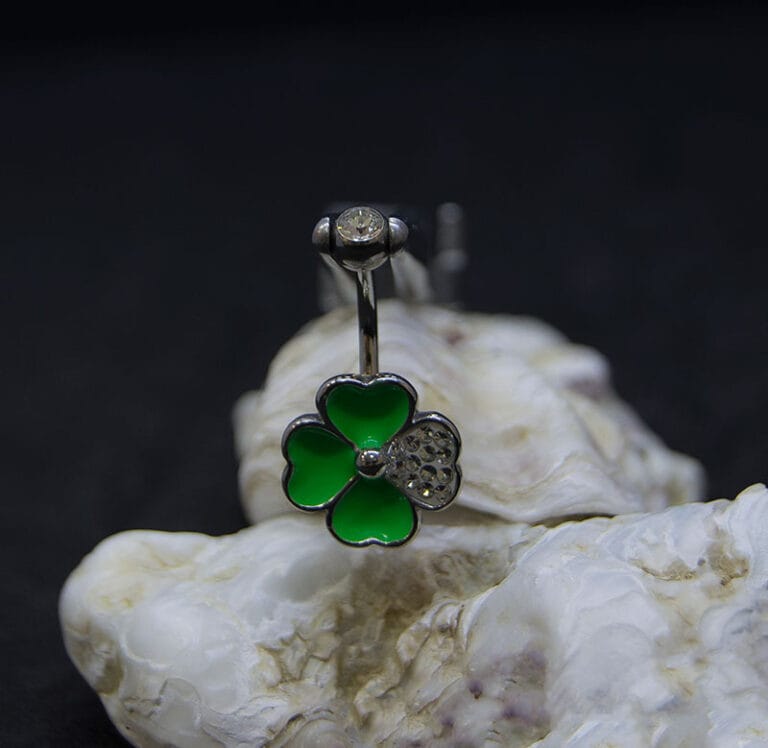 Navel acero trébol verde joya blanca