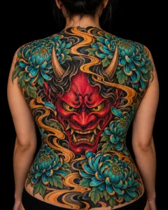 Gran composición de tatuaje en espalda para ilustrar Tatuajes en columna: diseño vertical sin forzar una simetría perfecta