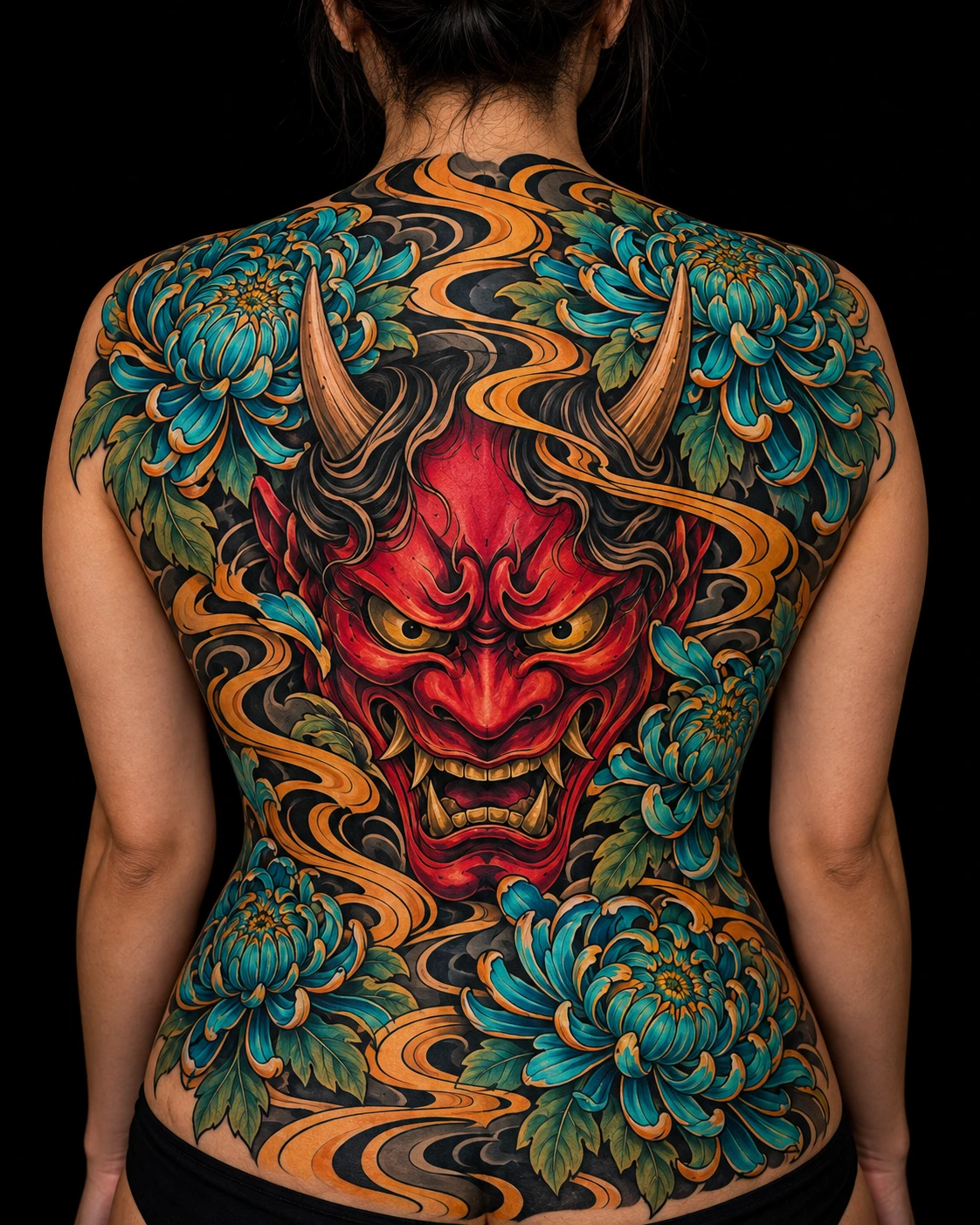 Gran composición de tatuaje en espalda para ilustrar Tatuajes en columna: diseño vertical sin forzar una simetría perfecta