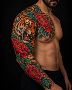 Tatuaje amplio de color y composición corporal para ilustrar Neotradicional con paleta limitada: menos colores, más intención