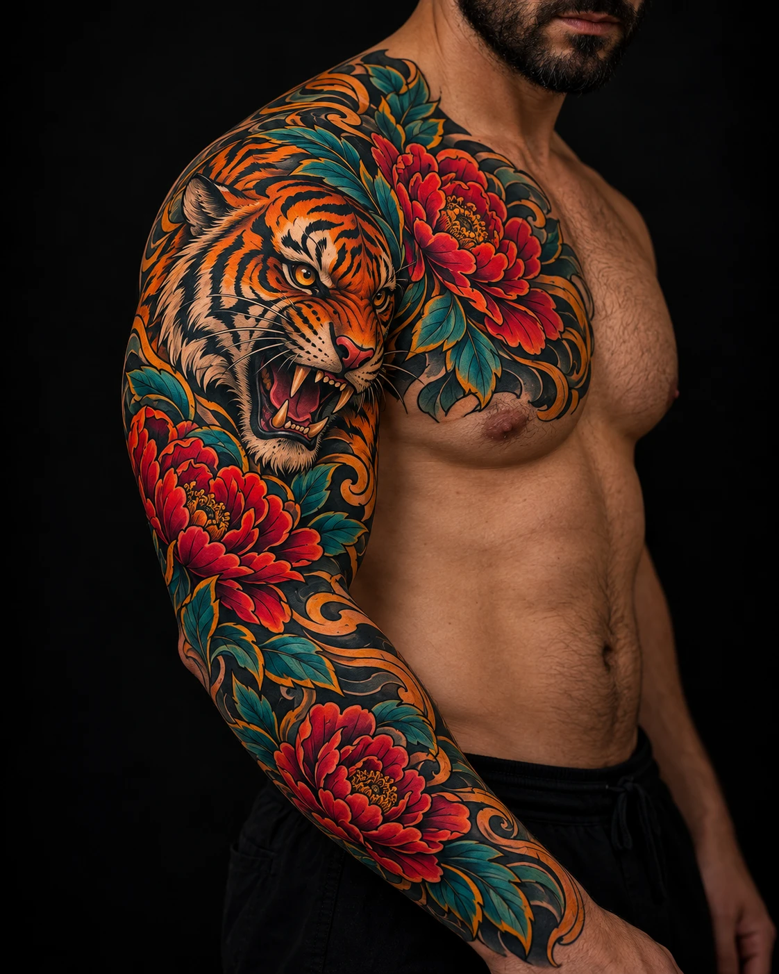 Tatuaje amplio de color y composición corporal para ilustrar Neotradicional con paleta limitada: menos colores, más intención