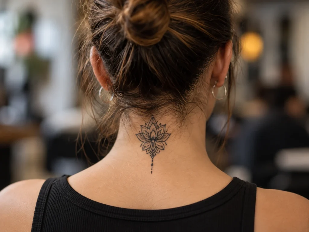 Tatuaje visible en cuello o nuca para ilustrar Tatuajes en cuello: visibilidad, tamaño y continuidad con otras zonas