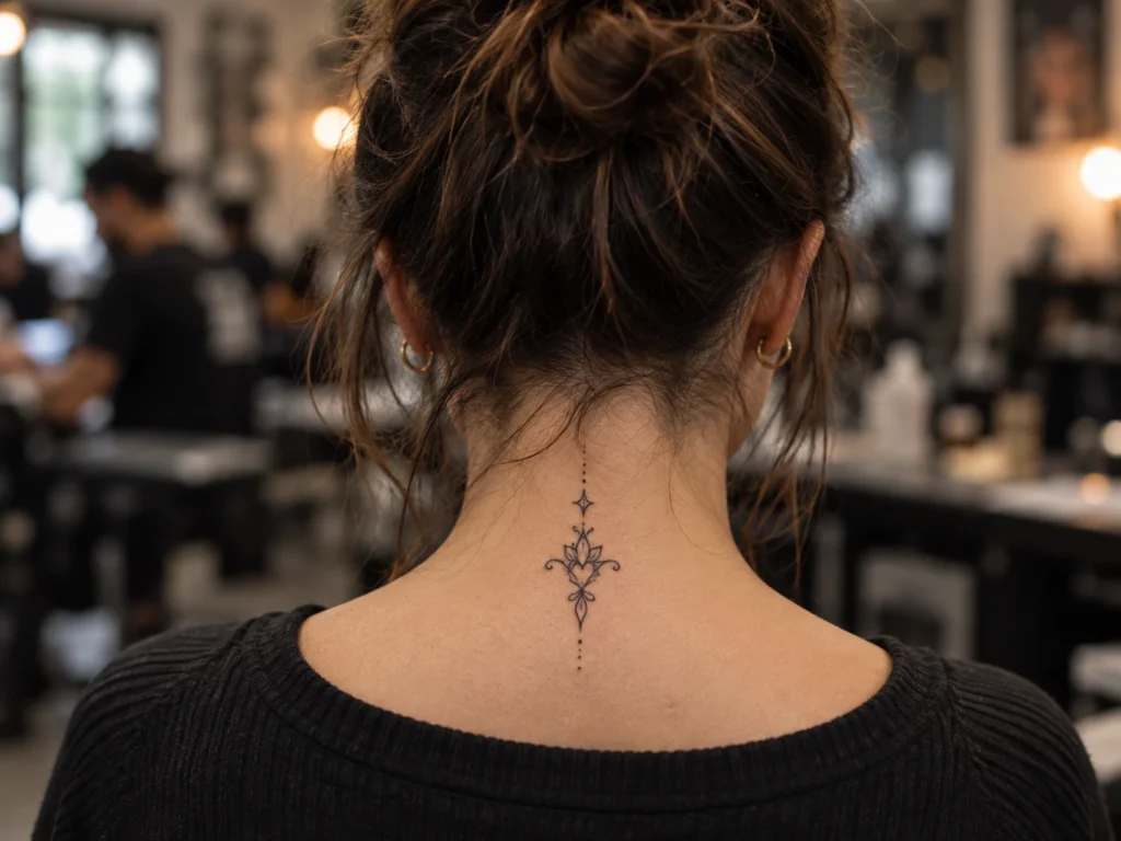 Tatuaje visible en cuello o nuca para ilustrar Caligrafía y script en tatuaje: cómo evitar que el texto se cierre