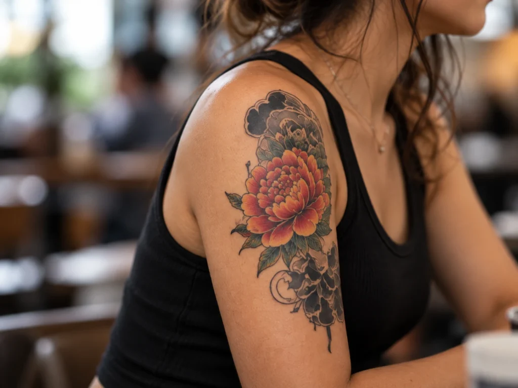 Tatuaje visible en hombro o brazo superior para ilustrar Tatuajes botánicos: cómo evitar que todas las flores se parezcan