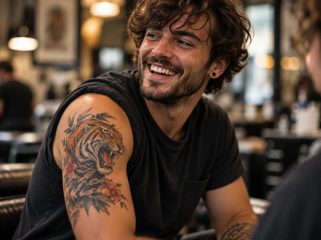 Tatuaje visible en hombro o brazo superior para ilustrar Realismo de animales: pelo, ojos y textura sin copiar cada detalle