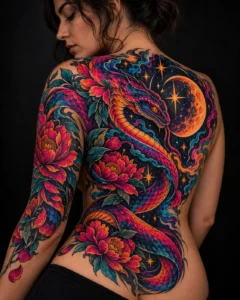 Gran composición de tatuaje en espalda para ilustrar Neotradicional con paleta limitada: menos colores, más intención