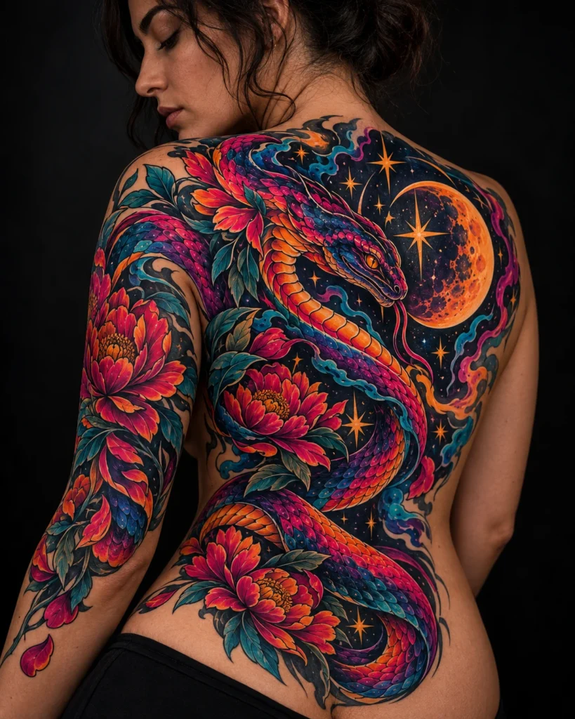 Gran composición de tatuaje en espalda para ilustrar Neotradicional con paleta limitada: menos colores, más intención