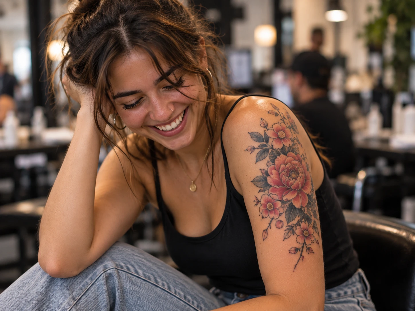 Tatuaje visible en hombro o brazo superior para ilustrar Fineline botánico: por qué el tamaño importa incluso con líneas finas