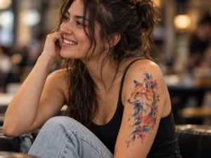 Tatuaje visible en hombro o brazo superior para ilustrar Motivos tradicionales: cómo usar símbolos clásicos sin copiar diseños