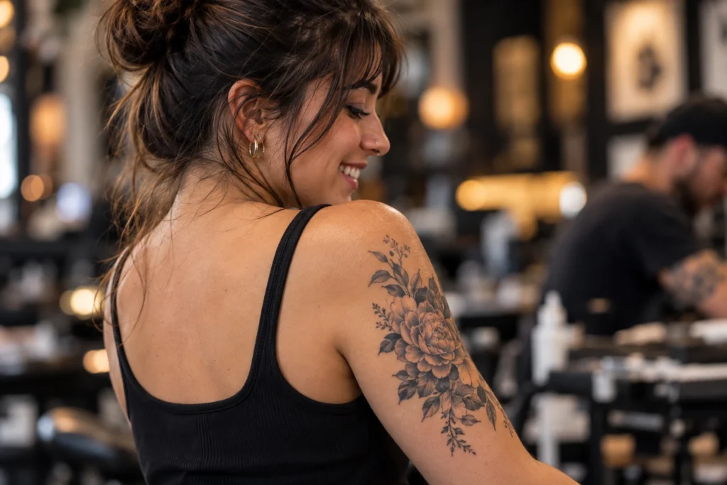 Tatuaje visible en hombro o brazo superior para ilustrar Tatuajes en brazo superior: cómo pensar la pieza desde varios ángulos