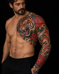Tatuaje amplio de color y composición corporal para ilustrar Tatuajes en pecho: composición central o lateral