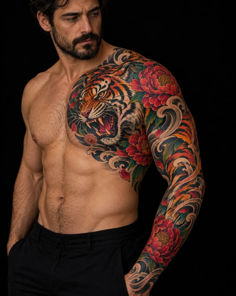 Tatuaje amplio de color y composición corporal para ilustrar Tatuajes en pecho: composición central o lateral
