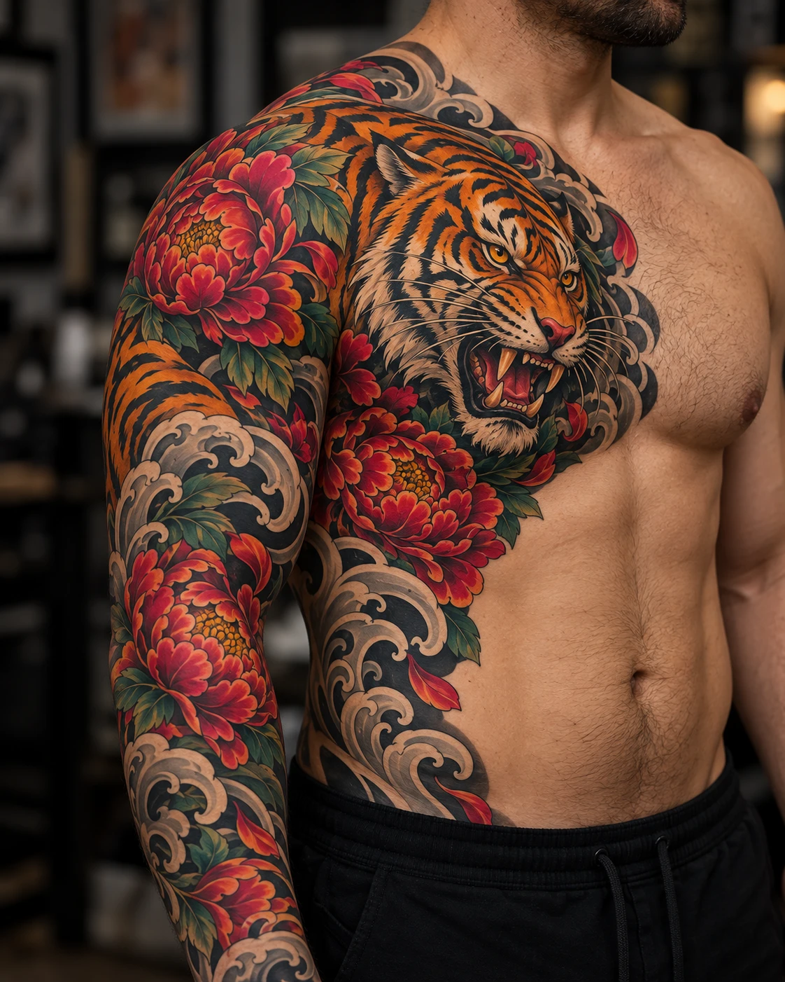 Tatuaje amplio de color y composición corporal para ilustrar Tatuajes en esternón: cómo construir un diseño vertical o simétrico