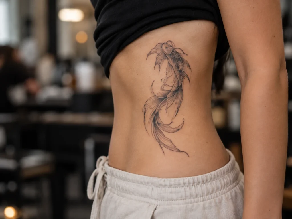 Tatuaje lateral en torso y cadera para ilustrar Tatuajes en costillas: cómo aprovechar una superficie larga y curva