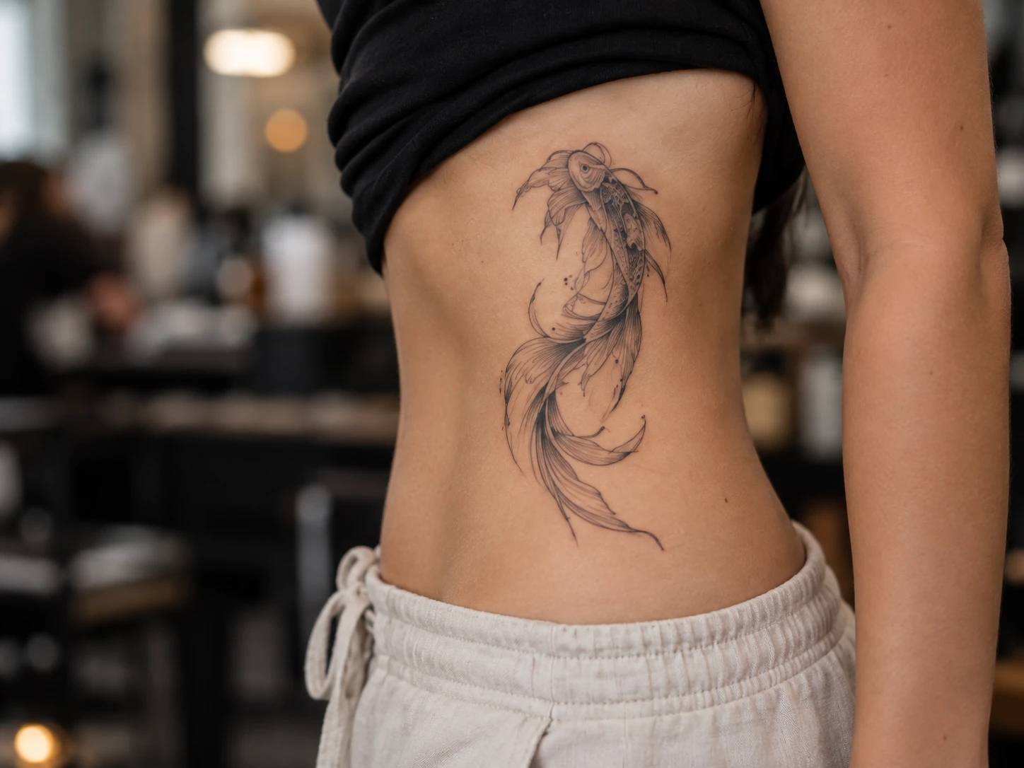 Tatuaje lateral en torso y cadera para ilustrar Tatuajes en costillas: cómo aprovechar una superficie larga y curva