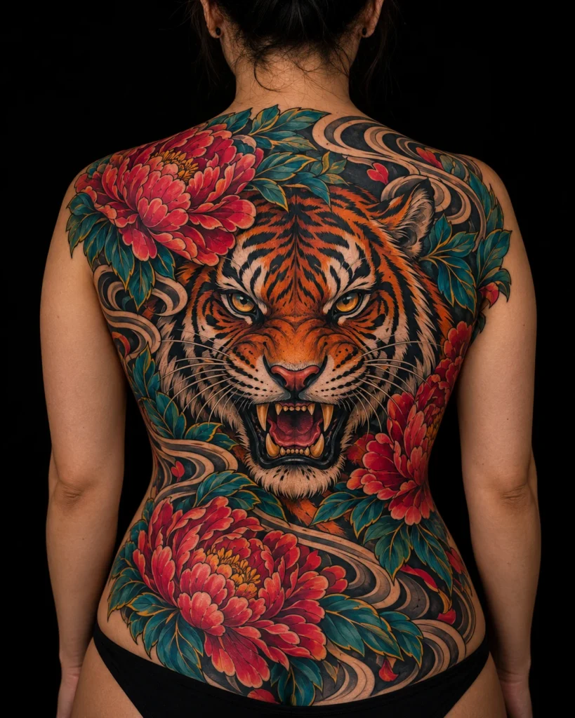Gran composición de tatuaje en espalda para ilustrar Tatuajes en columna: diseño vertical sin forzar una simetría perfecta