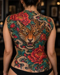 Gran composición de tatuaje en espalda para ilustrar Tatuajes en columna: diseño vertical sin forzar una simetría perfecta