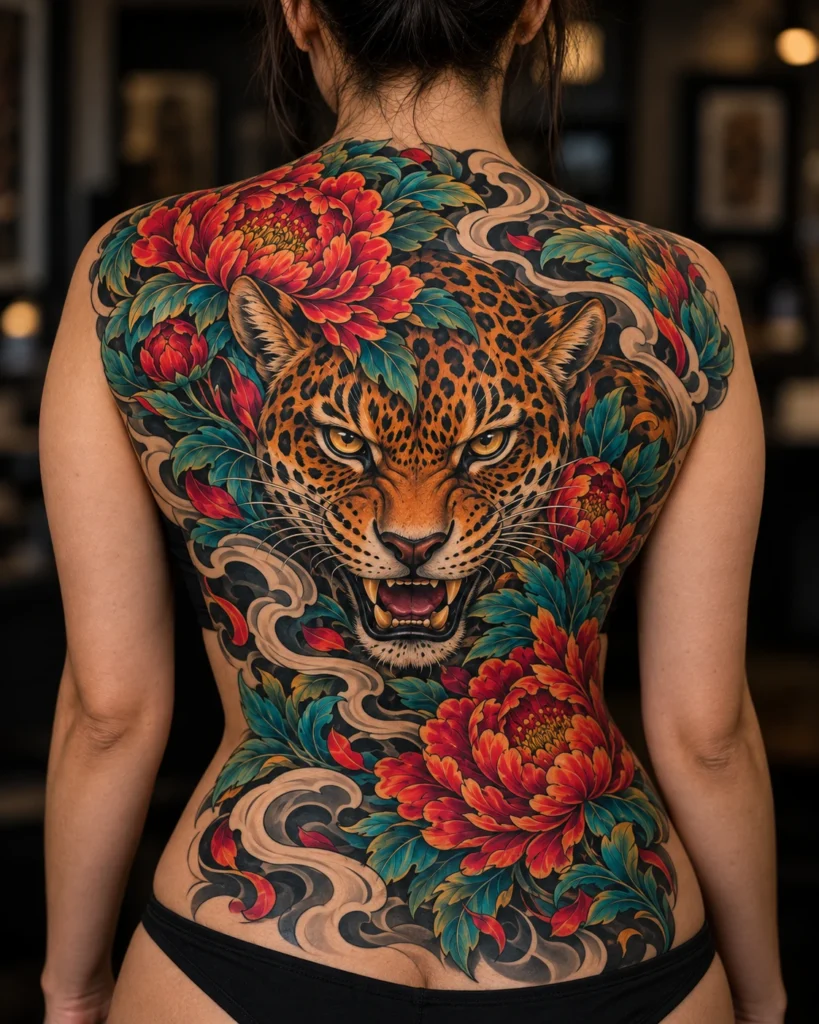 Gran composición de tatuaje en espalda para ilustrar Tatuajes en columna: diseño vertical sin forzar una simetría perfecta