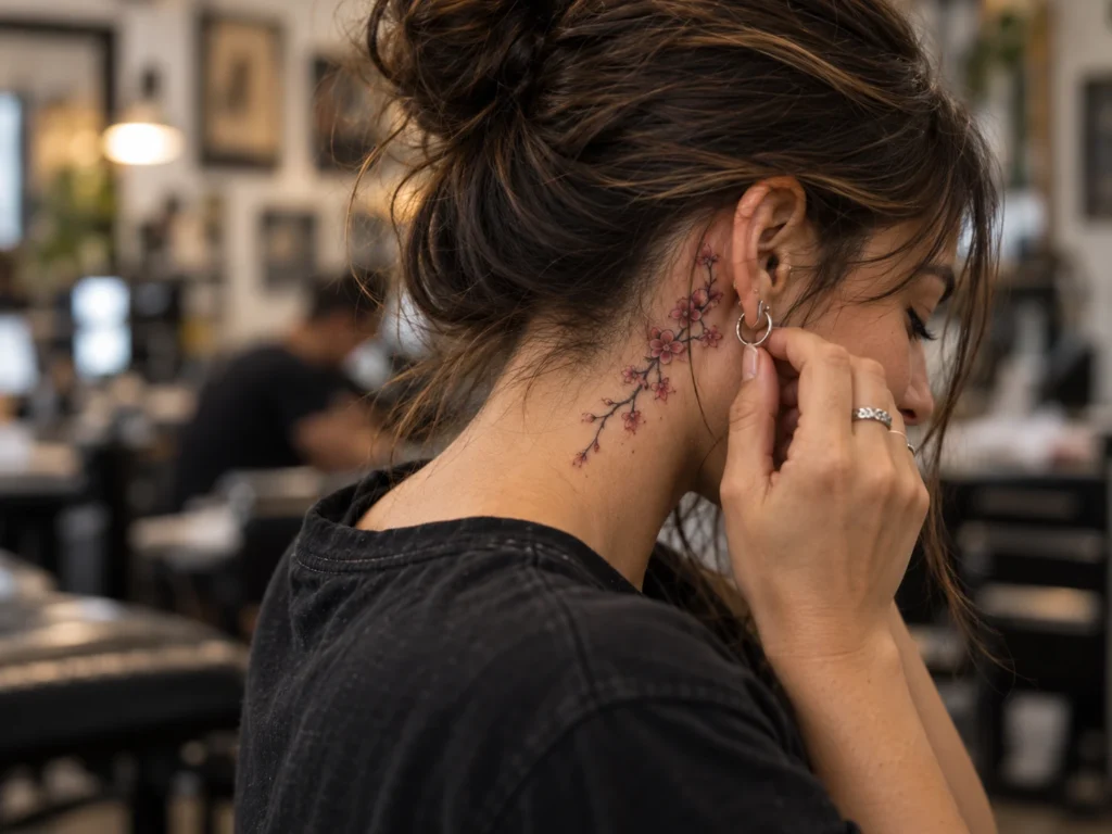 Tatuaje visible en cuello o nuca para ilustrar Tatuajes detrás de la oreja: pequeño formato con poco margen