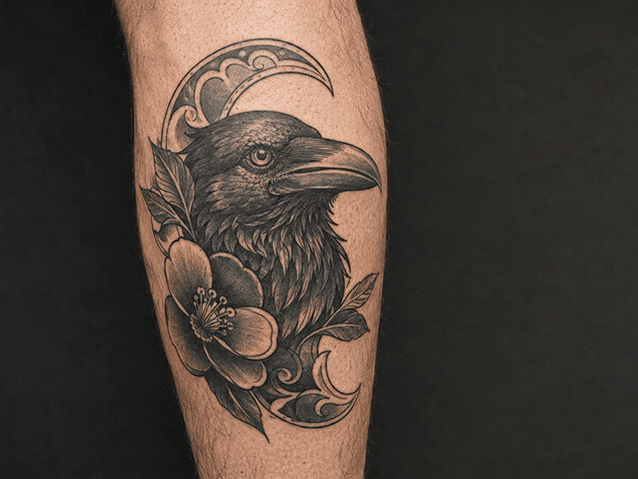 Tatuaje cuervo neotradicional