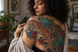 Tatuaje amplio de color y composición corporal para ilustrar Dormir con un tatuaje reciente: presión, sábanas y postura