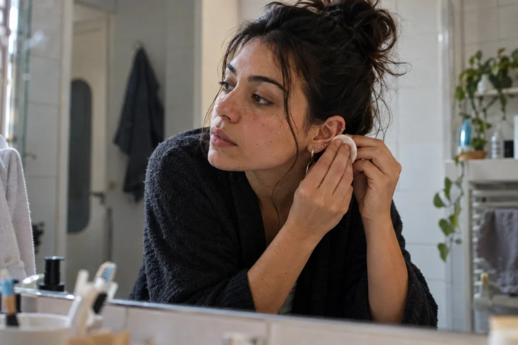 Piercing de oreja en contexto de cuidado y revisión — Cómo dormir con un piercing de oreja reciente sin convertir la almohada en un problema